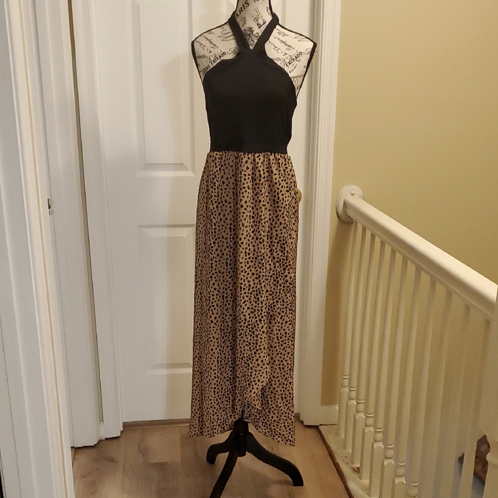 Black and Tan Halter Maxi Dress